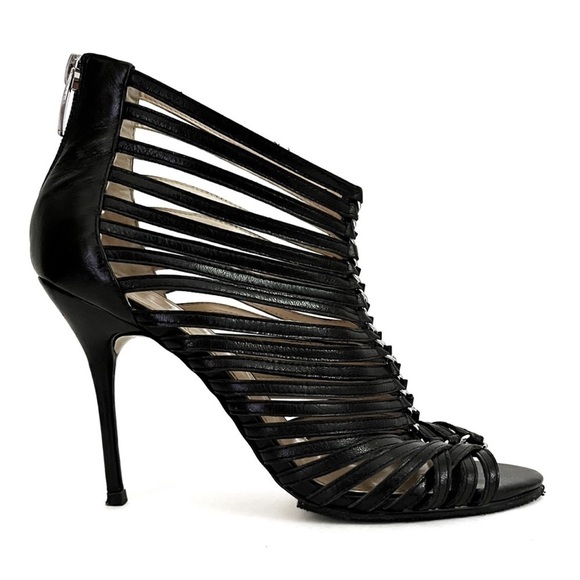 ENZO Angiolini Ginolfi Leather Peep Toe Gladiator Stiletto Heel Booties Black - Picture 2 of 16